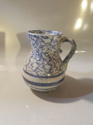 Spongeware Pitcher Vase Blue White Farmhouse Primitive Country