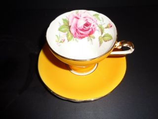 Antique Vintage Aynsley Tea Cup & Saucer Yellow W/ Cabbage Rose Interior 957