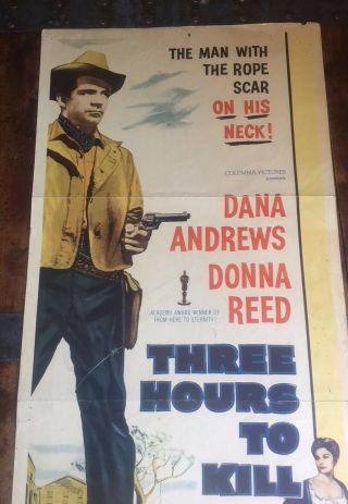 THREE HOURS TO KILL/ORIG.  U.  S.  Western MOVIE POSTER (DANA ANDREWS/DONNA REED) 2