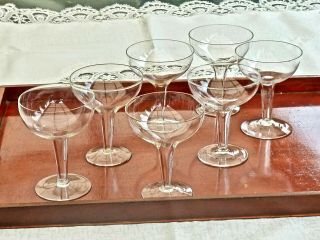 Fabulous Art Deco Hand Crafted Crystal Hollow Stem Champagne Glasses Set Of 7