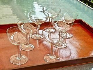 FABULOUS ART DECO HAND CRAFTED CRYSTAL HOLLOW STEM CHAMPAGNE GLASSES SET OF 7 2