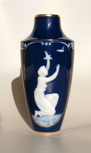 Rare Old French Limoges Porcelain Pate Sur Pate Woman Birds Vase