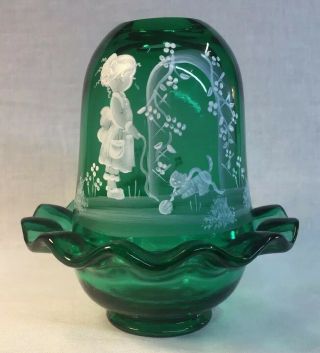 Fenton Hand Painted Mary Gregory Style " Spring " Emerald Green Fairy Light