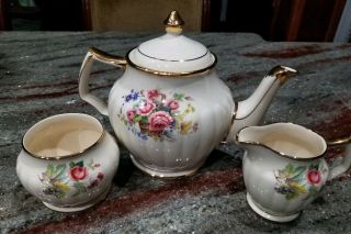 Sadler England Teapot Creamer Sugar Bowl Set Country Roses Design Vintage