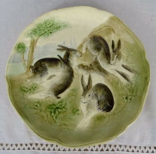 Antique French Majolica Plate Hb Choisy Le Roi - Rabbit Family -