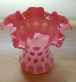 Fenton Collectible Glassware White & Pink Coin Dot Basket / Vase Scalloped Edge 2