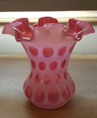 Fenton Collectible Glassware White & Pink Coin Dot Basket / Vase Scalloped Edge 3