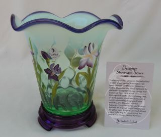 Fenton Designer Showcase Willow Green Opalescent Vase W/purple Trim & Base