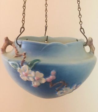 Stunning Roseville Blue Apple Blossom Hanging Basket W/ Chain - 1940 