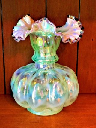 Fenton 100th Anniversary Vase Diamond Optic Opalescent Green Rainbow Exc Cond