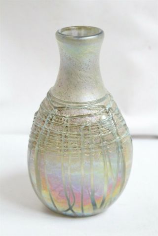 Arts Crafts Revival Nick Delmatto Green Rope Irridescent Art Glass Vase Bottle