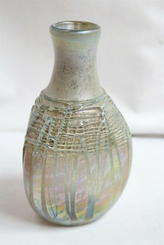 Arts Crafts Revival Nick Delmatto Green Rope Irridescent Art Glass Vase Bottle 2