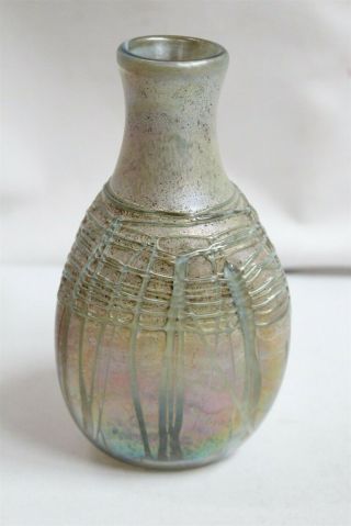 Arts Crafts Revival Nick Delmatto Green Rope Irridescent Art Glass Vase Bottle 3