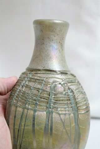 Arts Crafts Revival Nick Delmatto Green Rope Irridescent Art Glass Vase Bottle 5