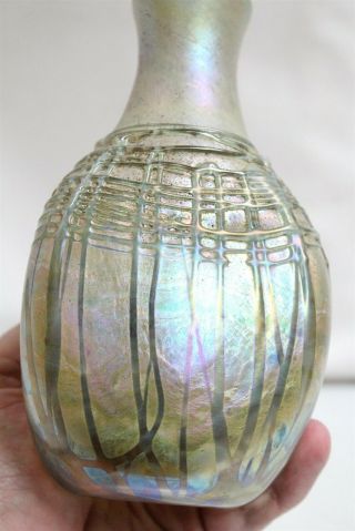 Arts Crafts Revival Nick Delmatto Green Rope Irridescent Art Glass Vase Bottle 6