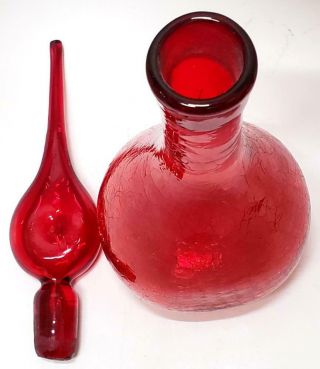 BLENKO Large Tall MCM Hand Blown RED CRACKLE GLASS DECANTER WITH STOPPER 2