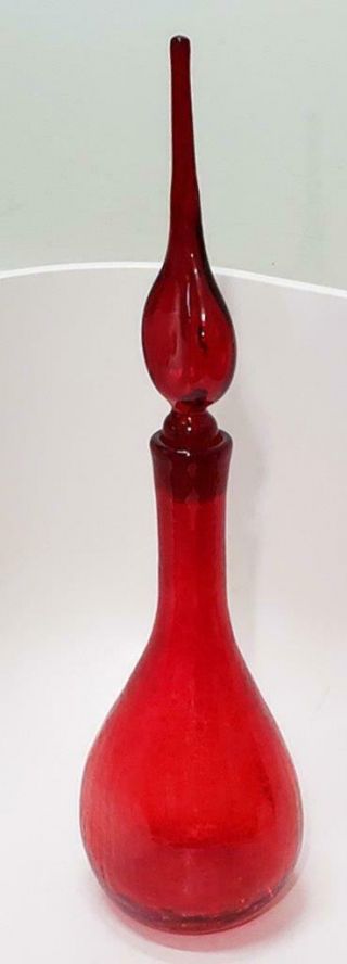 BLENKO Large Tall MCM Hand Blown RED CRACKLE GLASS DECANTER WITH STOPPER 3