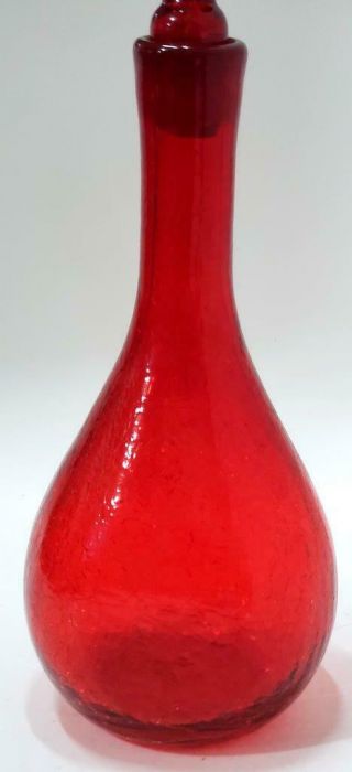 BLENKO Large Tall MCM Hand Blown RED CRACKLE GLASS DECANTER WITH STOPPER 4
