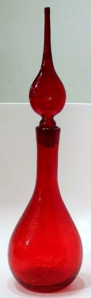 BLENKO Large Tall MCM Hand Blown RED CRACKLE GLASS DECANTER WITH STOPPER 5