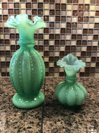 Fenton Green Overlay Beaded Melon Vases Set Of 2