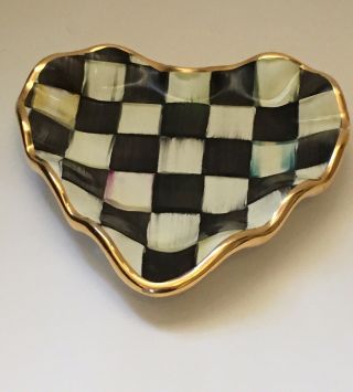 Mackenzie Childs Scalloped Edge Heart Plate Courtly Check Ceramic W Sticker