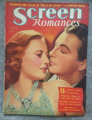 Screen Romances 1935 | Barbara Stanwyck Painted Cover W/ Errol Flynn,  Marx Bros