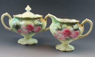 Antique Rs Prussia Porcelain Creamer & Sugar Bowl Pink Roses