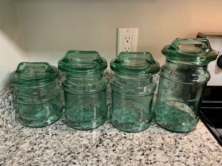 Vintage L.  E.  Smith Green Glass " Milk Can " Canister Storage Jars Set Of 4