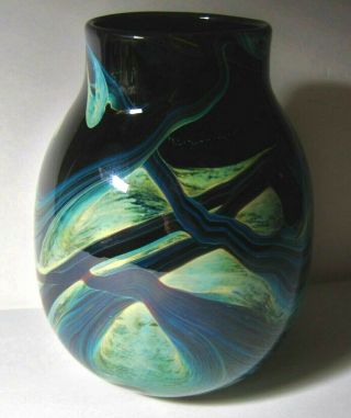 F.  Warren Signed Dated Art Glass Vase Black (amythest) Teal/blue Apx 7 " H X 5.  25 W