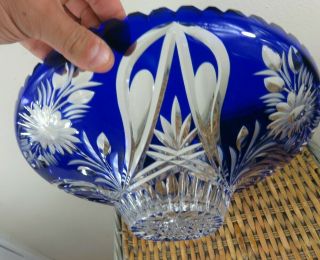 VERY LARGE CRYSTAL CUT COBALT to Clear Crystal Bowl 5