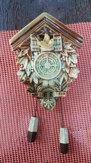 Vintage Mccoy Pottery Cuckoo Clock Planter Brown And Green With Yellow Bird