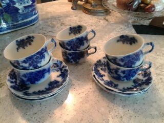 FABULOUS VINTAGE WARF POTTERY ENGLAND FLOW BLUE CUPS AND SAUCERS 5