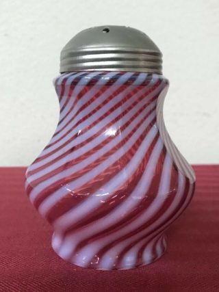 Antique Cranberry Red White Peppermint Swirl Glass Sugar Shaker Muffineer Exclnt
