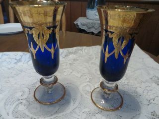 Two Arte Italica Sc Line Medici Cobalt Blue Crystal Wine Glass 24k Gold Gilt