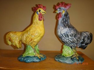 Two Stangl 9 3/4 " Pottery Birds Grey And Yellow Rooster Chickens