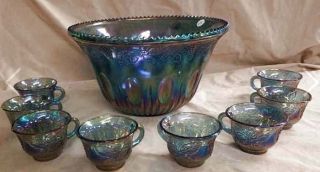 Indiana Glass Iridescent Blue Carnival Glass Punch Bowl & 8 Cups Harvest Grape