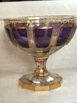 Antique Bohemian Moser Sorbet Goblet Chalice Glass Amethyst Gold Gilt Candy Bowl