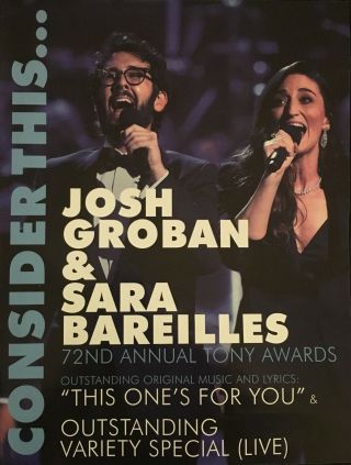 Josh Groban Sara Bareilles Emmy Advertisement The Tony Awards Fyc Ad