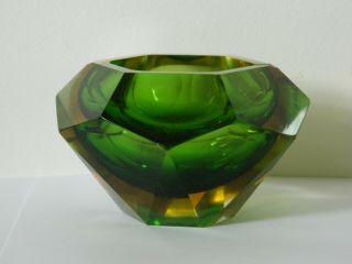 Vintage Large Murano Sommerso Green & Amber Faceted Ashtray 1.  2kg P&p.