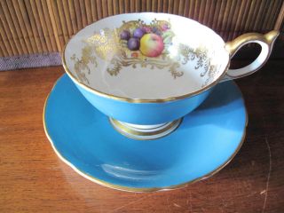 Aynsley Bone China Footed Cup & Saucer Turquoise Orchard Fruit Rich Gold 2684