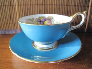 Aynsley Bone China Footed Cup & Saucer Turquoise Orchard Fruit Rich Gold 2684 2