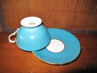 Aynsley Bone China Footed Cup & Saucer Turquoise Orchard Fruit Rich Gold 2684 3
