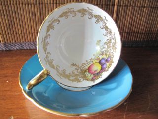 Aynsley Bone China Footed Cup & Saucer Turquoise Orchard Fruit Rich Gold 2684 4