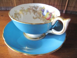 Aynsley Bone China Footed Cup & Saucer Turquoise Orchard Fruit Rich Gold 2684 5