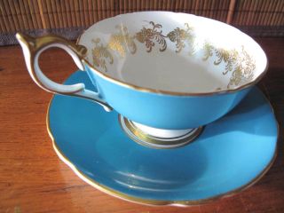 Aynsley Bone China Footed Cup & Saucer Turquoise Orchard Fruit Rich Gold 2684 6