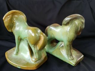 Frankoma Pottery 2 Prairie Green Charger Horse Bookends Rare