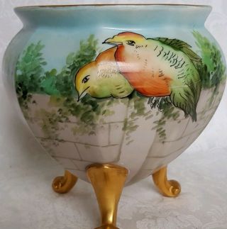 Antique Limoges France Hand Painted Birds Art Deco Footed Vase /planter
