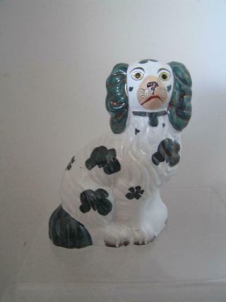 Antique Staffordshire King Charles Spaniel Sitting Porcelain Dog Green & White 5