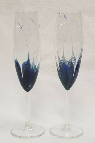 Signed R.  Strong Pulled Feather Tall Blown Art Glass Champagne Flutes