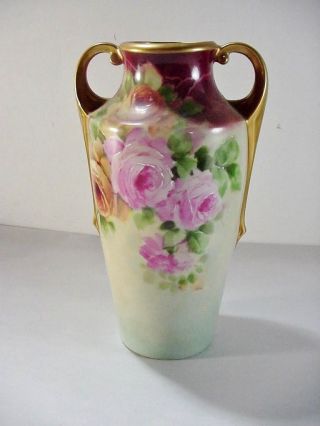 Porzellanfabrik Wehinger & Co.  A.  G.  Hand Painted Open Handled Vase - - Pink Roses